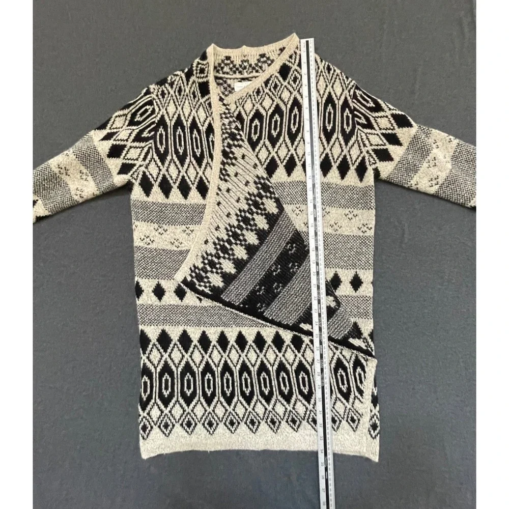 Lucky Brand Cardigan Womens Large Black Cream Aztec Open Front Boho Sweater